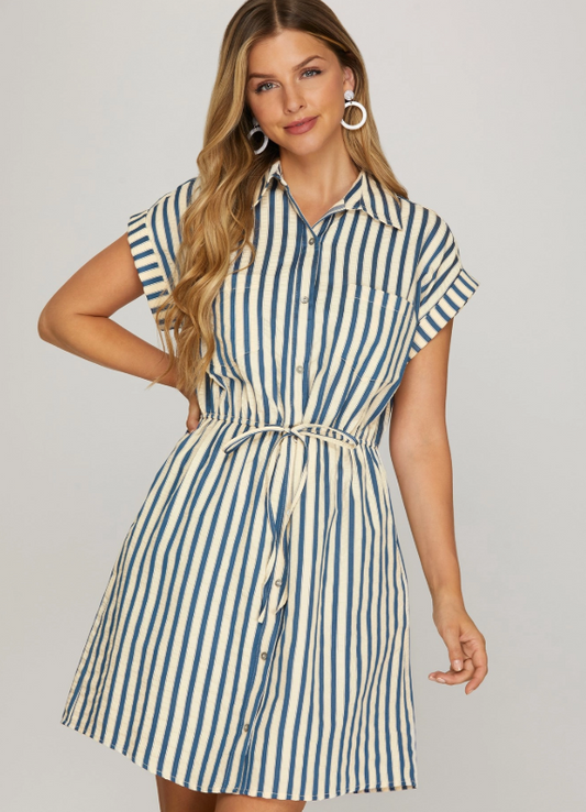 Short Sleeve Blue Stripe Summer Dress