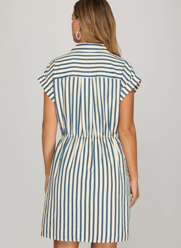 Short Sleeve Blue Stripe Summer Dress