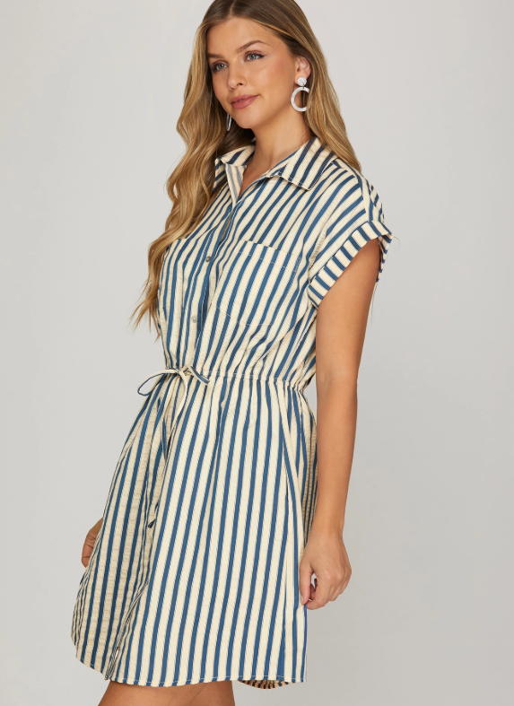 Short Sleeve Blue Stripe Summer Dress