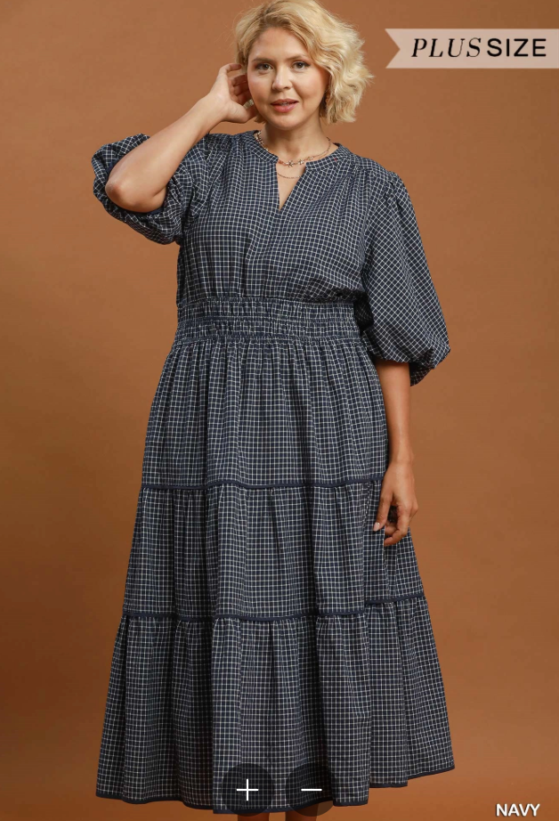 Plaid Puff Sleeve Midi Dress (XL - 2X)