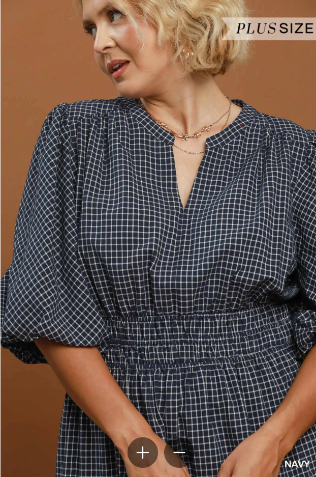 Plaid Puff Sleeve Midi Dress (XL - 2X)