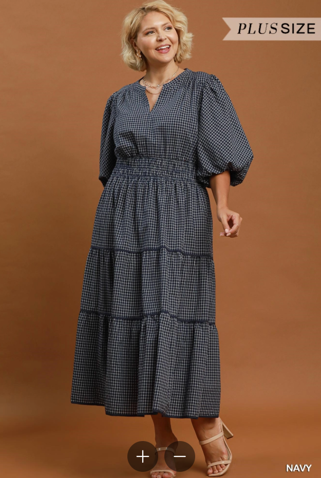 Plaid Puff Sleeve Midi Dress (XL - 2X)
