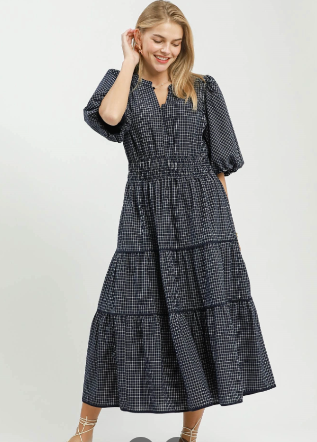 Plaid Puff Sleeve Midi Dress (S - L)