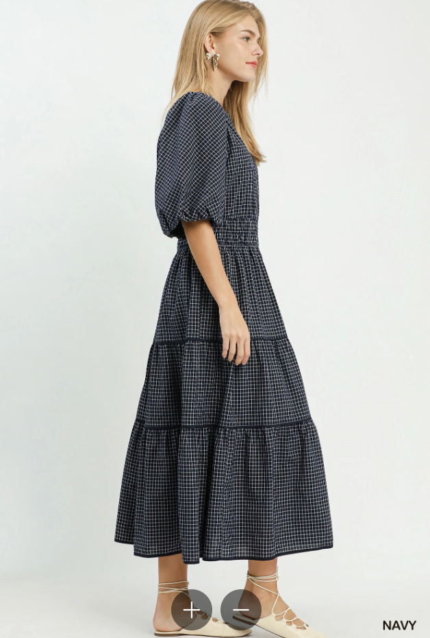 Plaid Puff Sleeve Midi Dress (S - L)