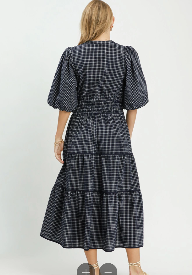 Plaid Puff Sleeve Midi Dress (S - L)
