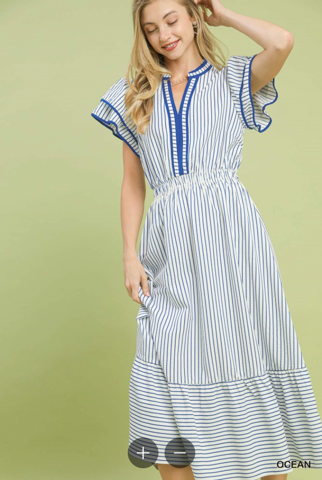 Blue Stripe Double Ruffle Short Sleeve Midi Dress (XL - 2X)