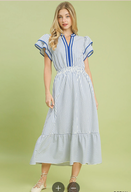 Blue Stripe Double Ruffle Short Sleeve Midi Dress (XL - 2X)