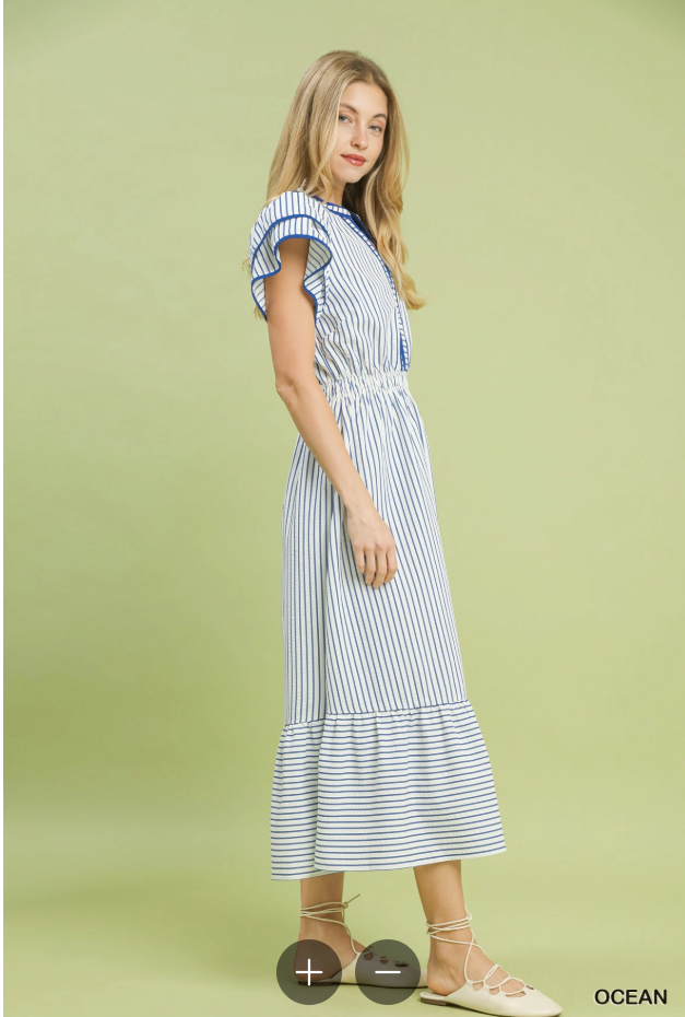 Blue Stripe Double Ruffle Short Sleeve Midi Dress (XL - 2X)
