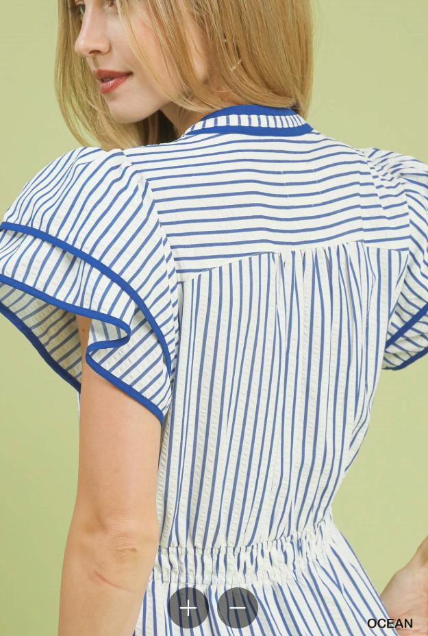 Blue Stripe Double Ruffle Short Sleeve Midi Dress (XL - 2X)