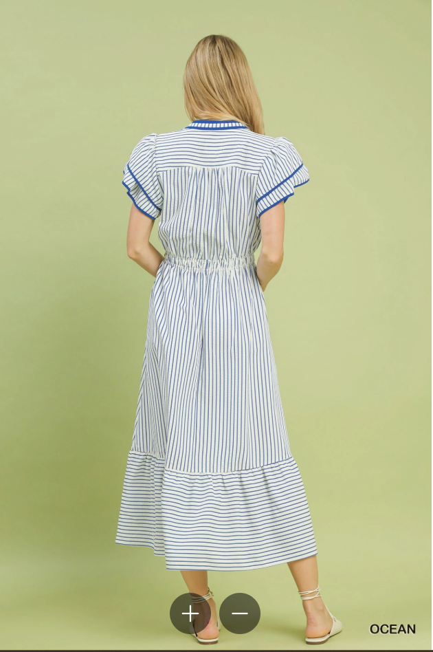 Blue Stripe Double Ruffle Short Sleeve Midi Dress (XL - 2X)