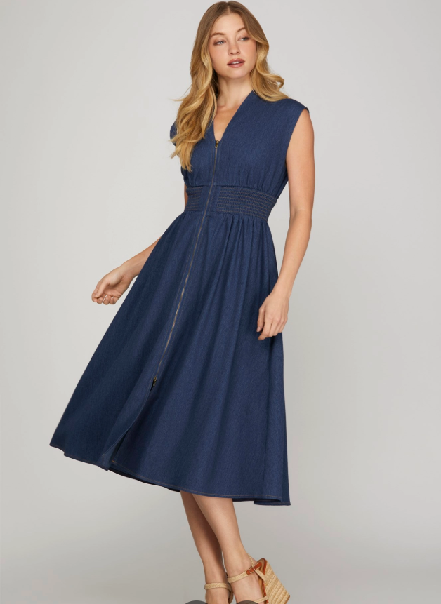 Zipper Front Smocked Waist Denim Midi Dress