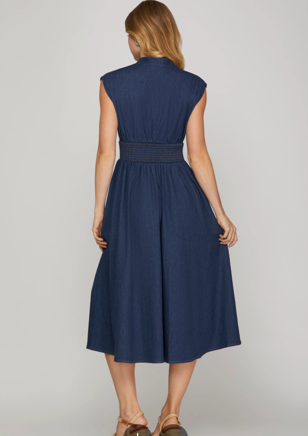 Zipper Front Smocked Waist Denim Midi Dress