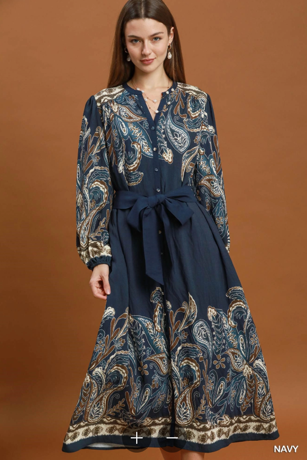 Abstract Print Tie Waist Midi Dress