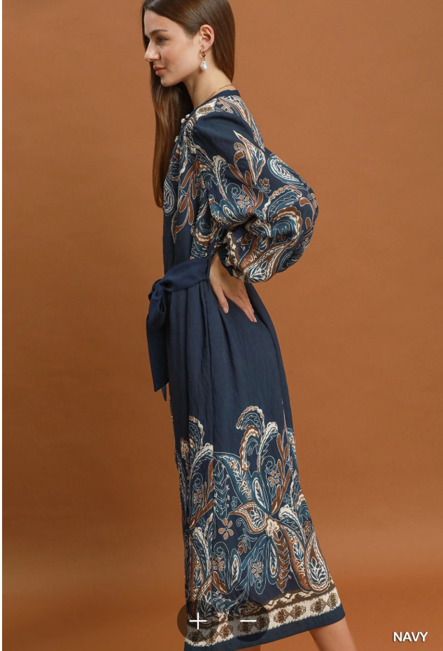 Abstract Print Tie Waist Midi Dress