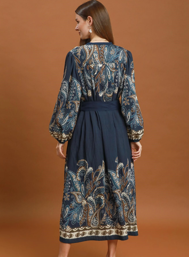 Abstract Print Tie Waist Midi Dress