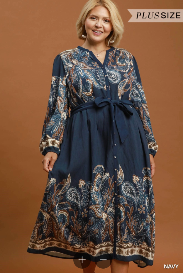 Abstract Print Tie Waist Midi Dress (XL - 2X)