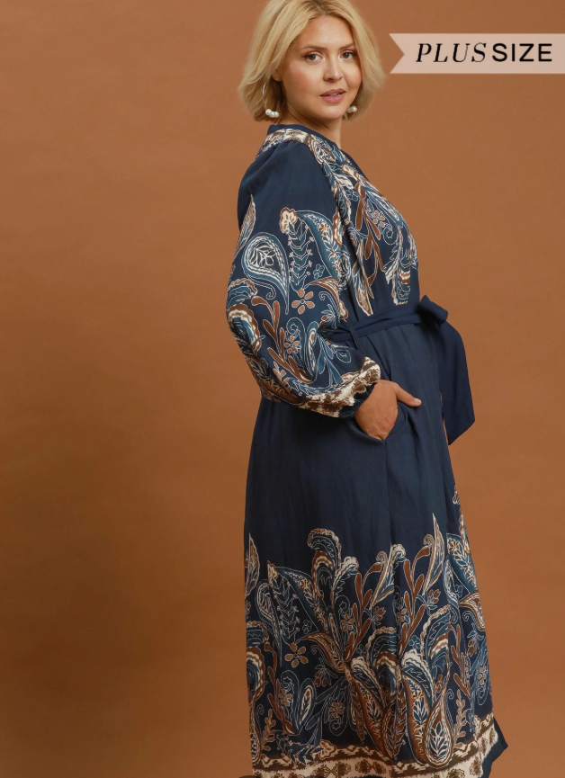 Abstract Print Tie Waist Midi Dress (XL - 2X)