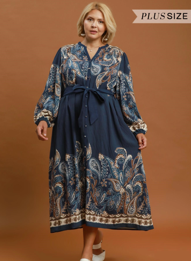 Abstract Print Tie Waist Midi Dress (XL - 2X)