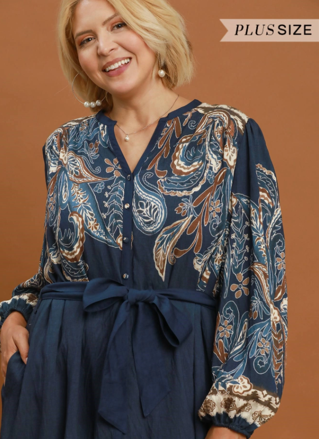Abstract Print Tie Waist Midi Dress (XL - 2X)