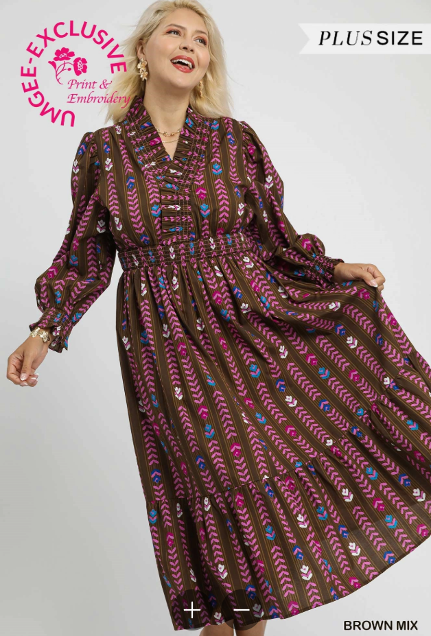 Ruffle Collar Boho Stripe Midi Dress (XL - 2X)
