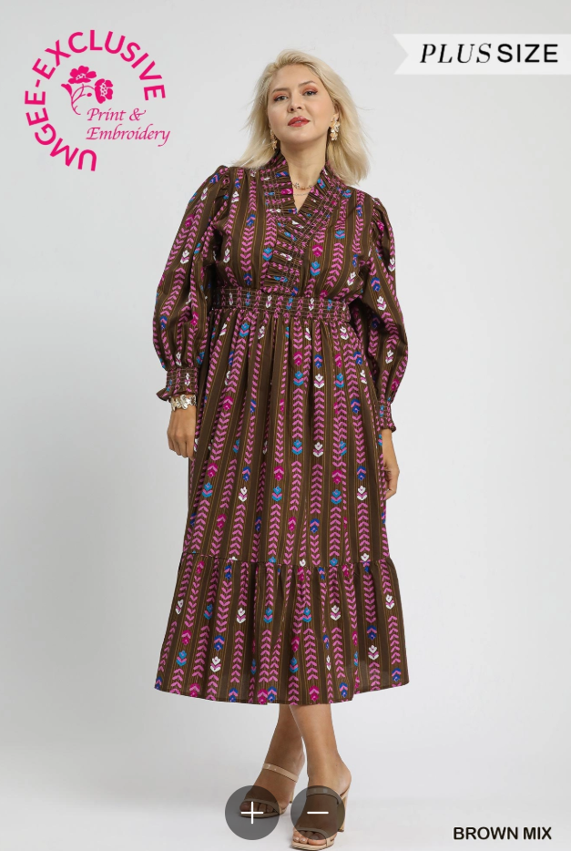Ruffle Collar Boho Stripe Midi Dress (XL - 2X)