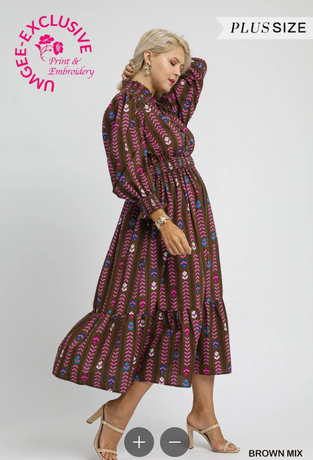 Ruffle Collar Boho Stripe Midi Dress (XL - 2X)