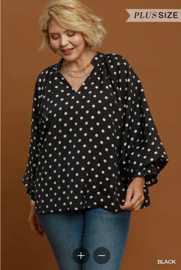 Ruffle Cuff Polka Dot Split Neck Blouse (XL - 2X)
