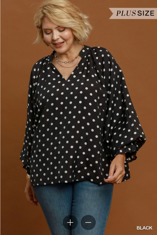 Ruffle Cuff Polka Dot Split Neck Blouse (XL - 2X)