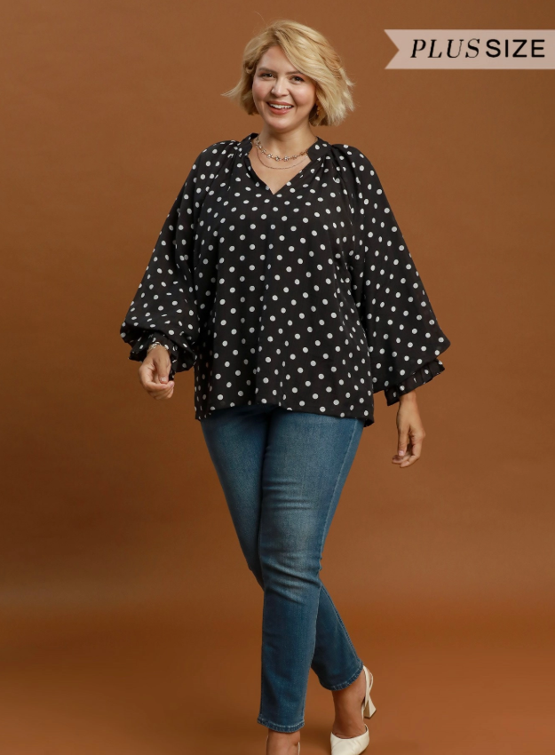 Ruffle Cuff Polka Dot Split Neck Blouse (XL - 2X)