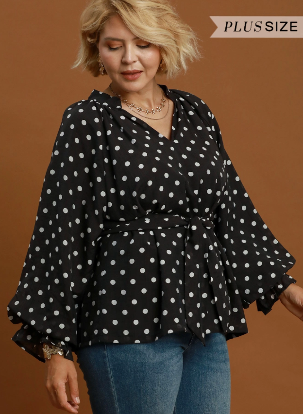 Ruffle Cuff Polka Dot Split Neck Blouse (XL - 2X)