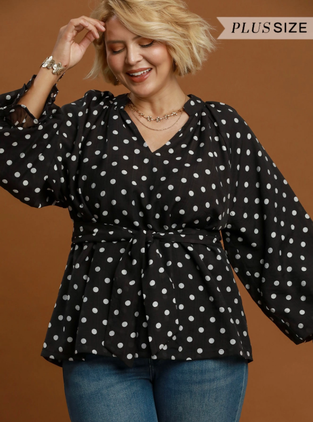 Ruffle Cuff Polka Dot Split Neck Blouse (XL - 2X)