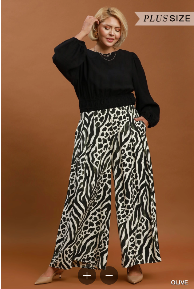 Mixed Animal Print Wide Leg Pants (XL - 2X)