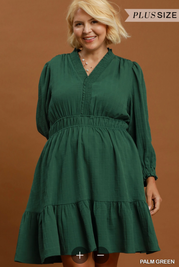 Textured V-Neck Tiered Dress (XL - 2X)