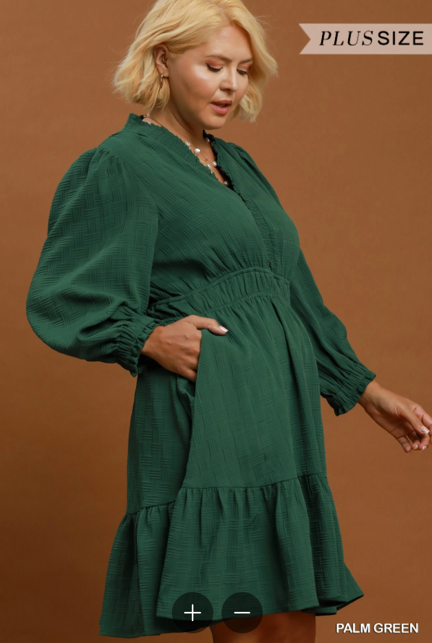 Textured V-Neck Tiered Dress (XL - 2X)