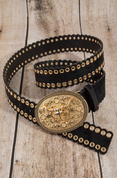 Western Grommet Longhorn Buckle Vegan Leather Belt (3 Colors)