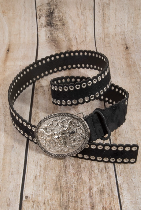 Western Grommet Longhorn Buckle Vegan Leather Belt (3 Colors)