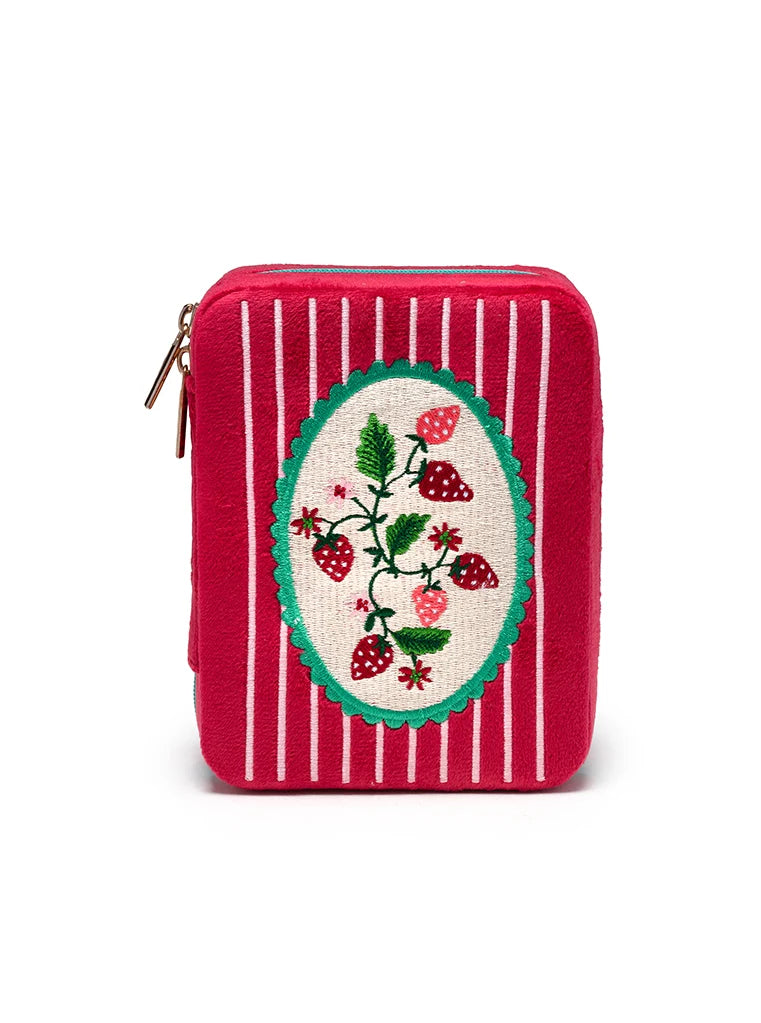 Zipper Strawberry Velvet Jewelry Box w/ Mirror