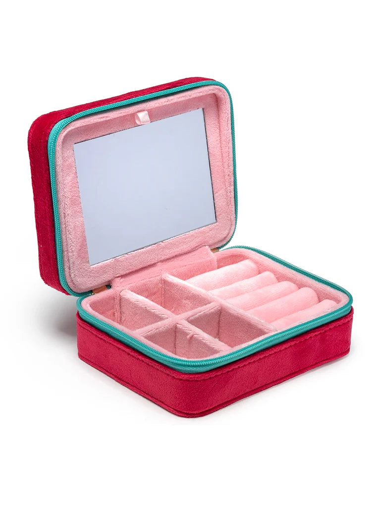 Zipper Strawberry Velvet Jewelry Box w/ Mirror