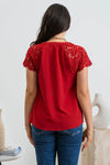 Lace Extended Shoulder Pleated Woven Top (Crimson)