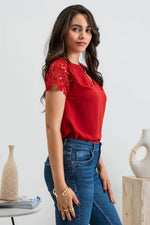 Lace Extended Shoulder Pleated Woven Top (Crimson)