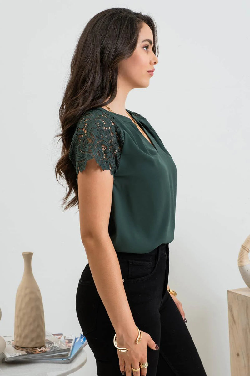 Lace Extended Shoulder Pleated Woven Top (Hunter Green)