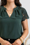 Lace Extended Shoulder Pleated Woven Top (Hunter Green)