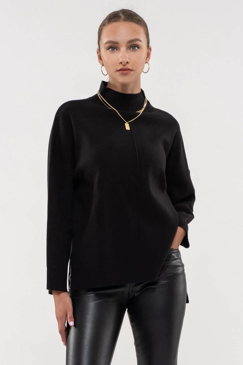 Solid Mock Neck Seam Front Knit Sweater (Black)