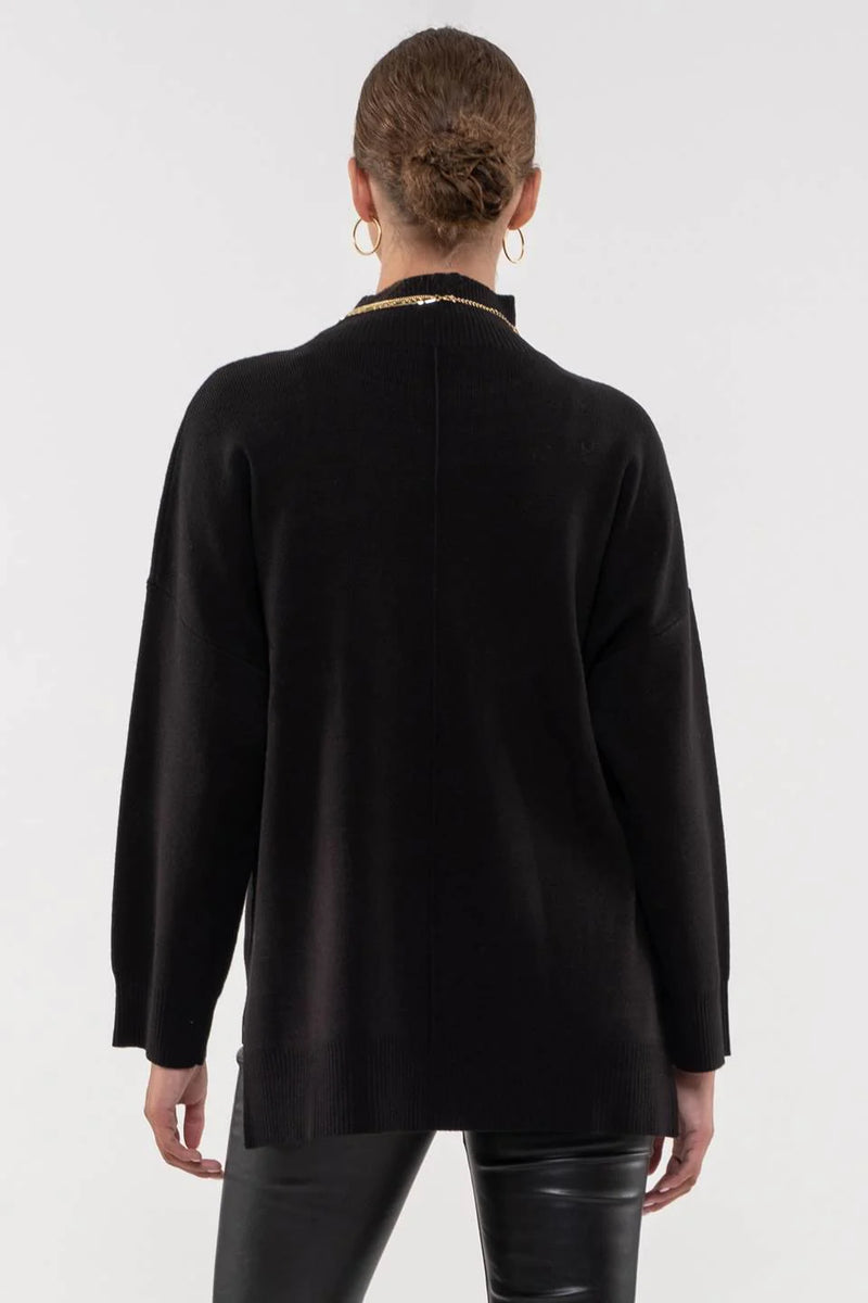 Solid Mock Neck Seam Front Knit Sweater (Black)