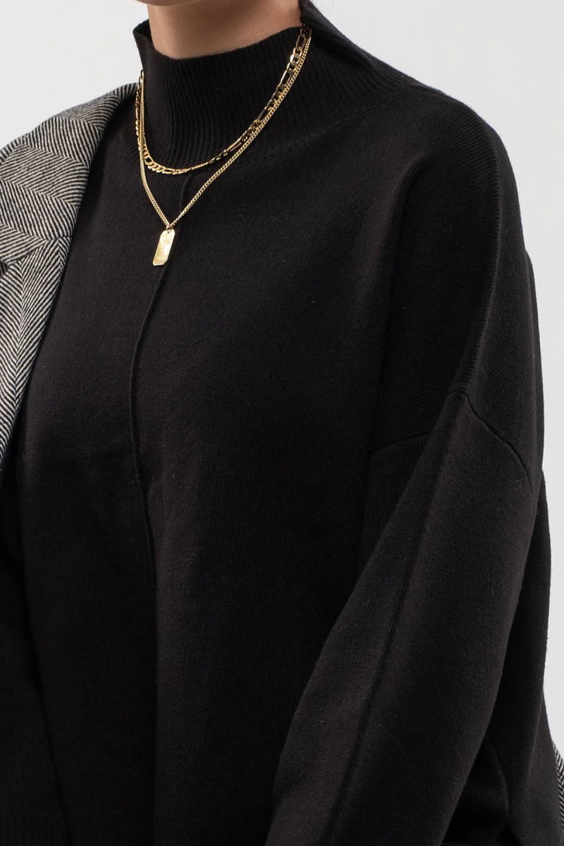 Solid Mock Neck Seam Front Knit Sweater (Black)