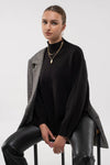 Solid Mock Neck Seam Front Knit Sweater (Black)