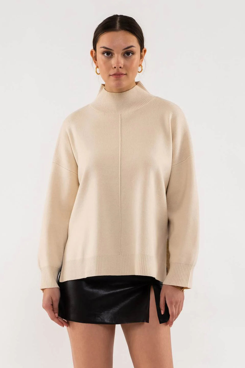 Solid Mock Neck Seam Front Knit Sweater (Cream)