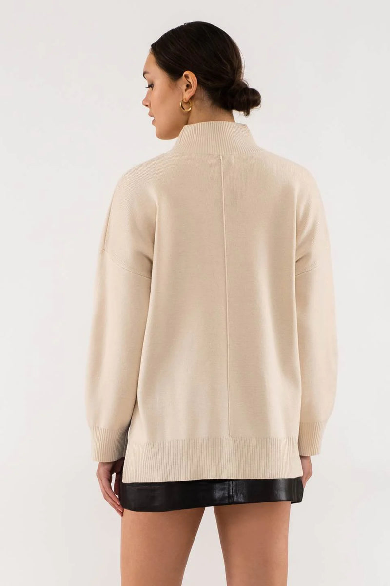 Solid Mock Neck Seam Front Knit Sweater (Cream)