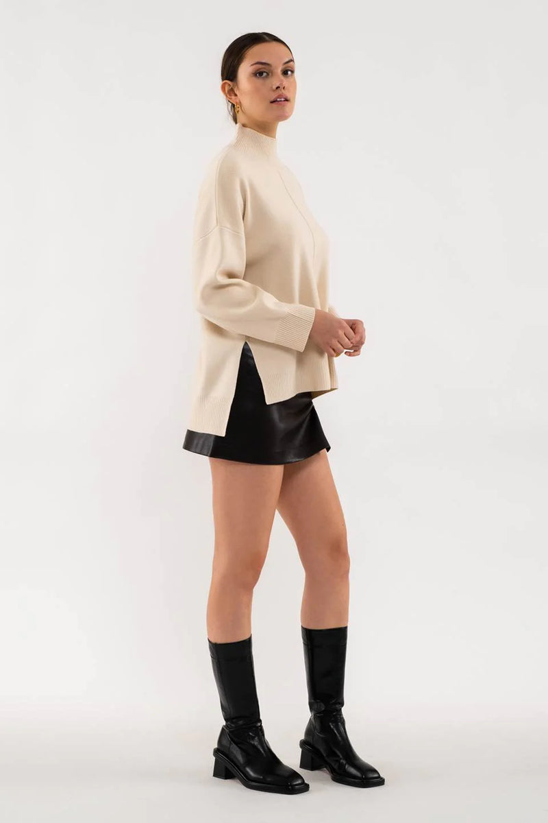 Solid Mock Neck Seam Front Knit Sweater (Cream)
