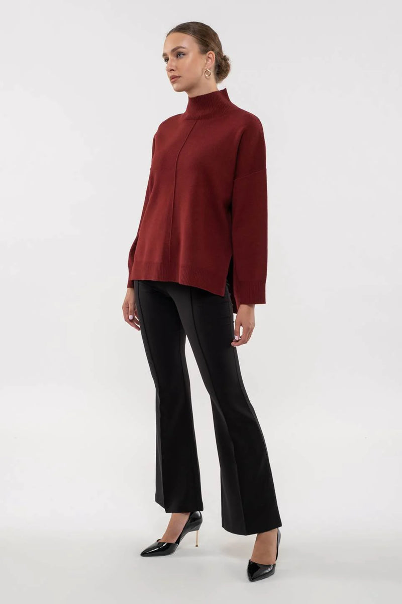 Solid Mock Neck Seam Front Knit Sweater (Rosewood)